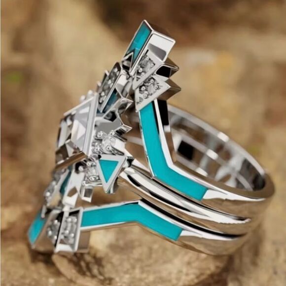 🩵 NEW & Unique Silver 3 piece Filigree and Aqua blue Fashion Ring 🩵 - Picture 4 of 6